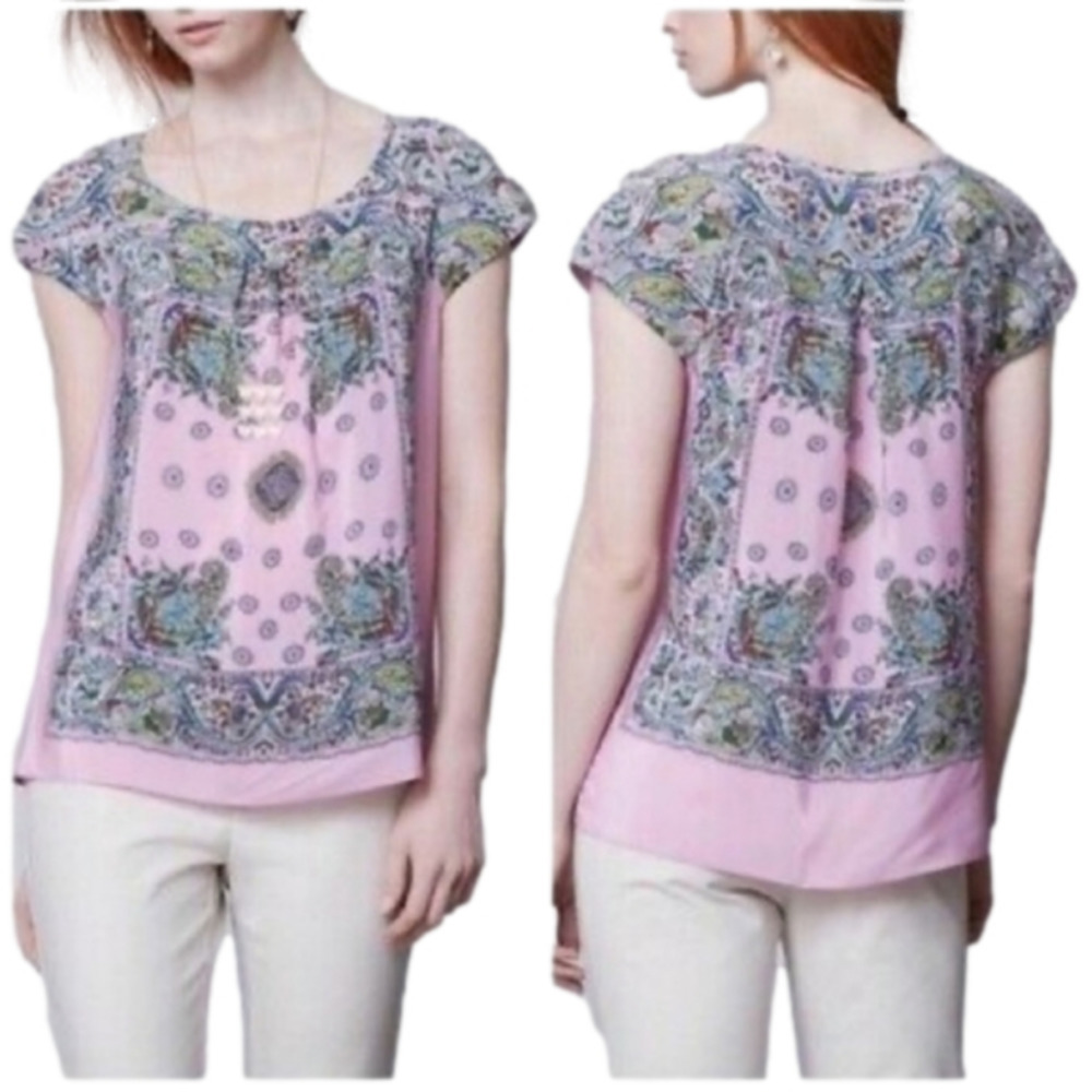 Moulinette Soeurs Anthropologies Silk Paisley Pastel Baby Pink Floral PeasantTop